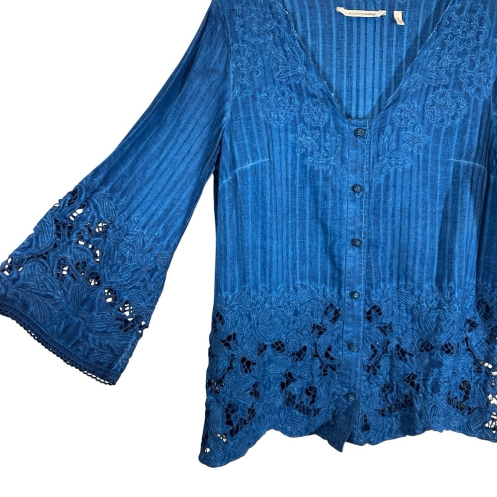 SOFT SURROUNDINGS Esme Women's Small Blue Embroidered Lace Boho V-Neck Tunic - Picture 4 of 9